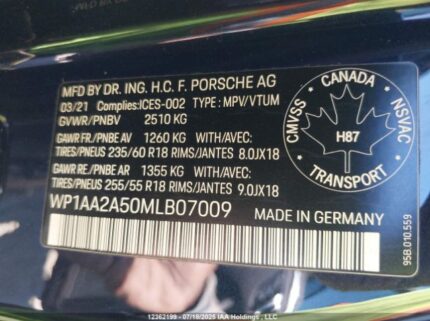 WP1AA2A50MLB07009 2021 PORSCHE