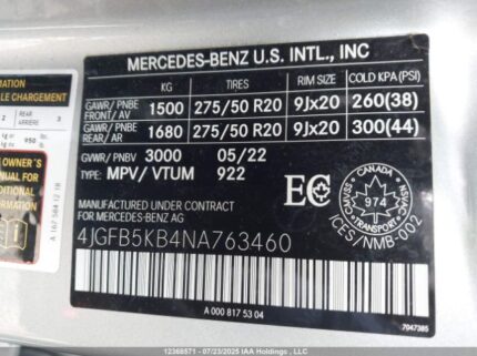4JGFB5KB4NA763460 2022 MERCEDES-BENZ