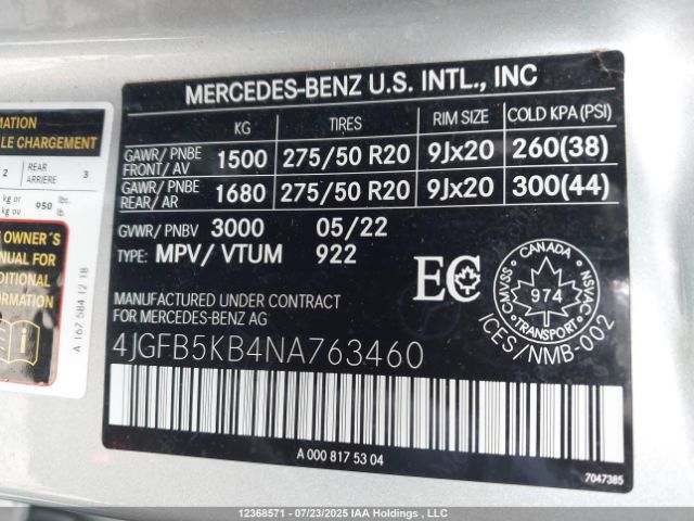4JGFB5KB4NA763460 2022 MERCEDES-BENZ