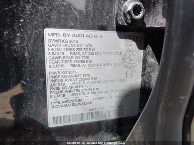 2019 AUDI WA1LAAF72KD004526