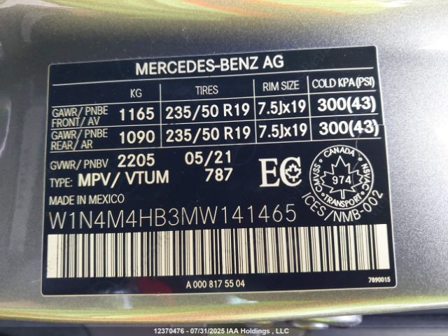 W1N4M4HB3MW141465 2021 MERCEDES-BENZ