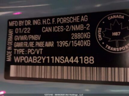 WP0AB2Y11NSA44188 2022 PORSCHE