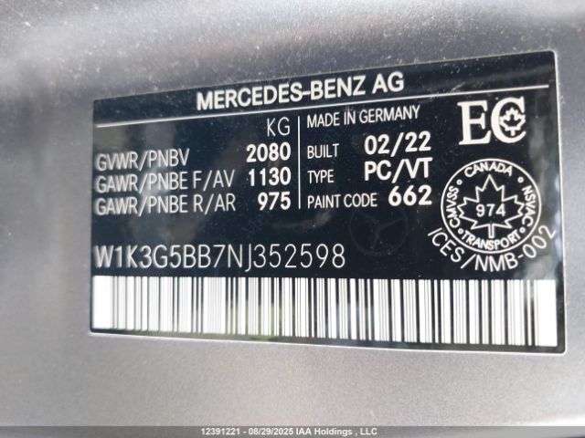 W1K3G5BB7NJ352598 2022 MERCEDES-BENZ