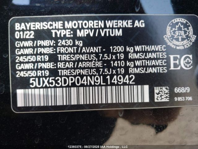 5UX53DP04N9L14942 2022 BMW