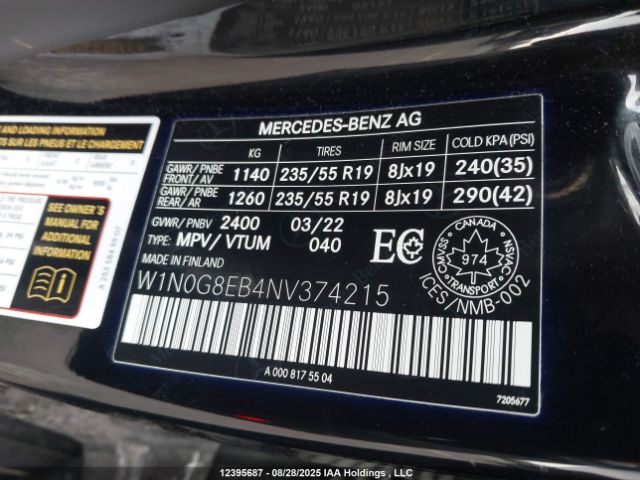 W1N0G8EB4NV374215 2022 MERCEDES-BENZ