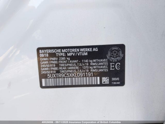 5UXTR9C5XKLD91191 2019 BMW