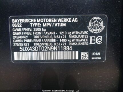 2022 BMW X4 M40I | VIN: 5UX43DT02N9N11884