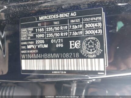 2021 MERCEDES-BENZ GLB 250 4MATIC | VIN: W1N4M4HB8MW108218