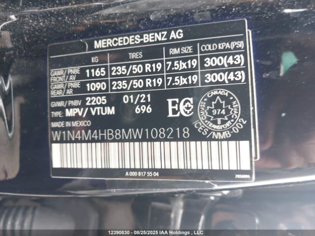 2021 MERCEDES-BENZ GLB 250 4MATIC | VIN: W1N4M4HB8MW108218