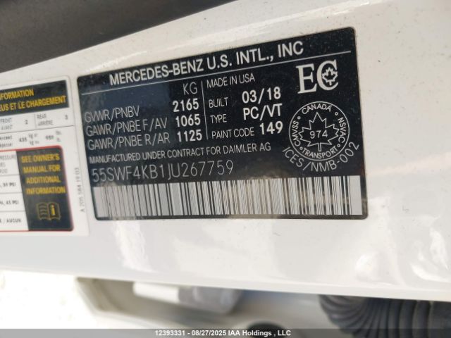 2018 MERCEDES-BENZ C 300 4MATIC | VIN: 55SWF4KB1JU267759