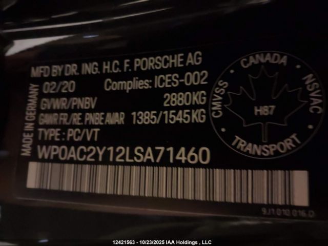 2020 PORSCHE TAYCAN | VIN: WP0AC2Y12LSA71460