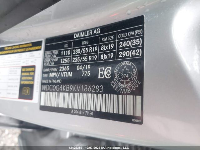 2019 MERCEDES-BENZ GLC | VIN: WDC0G4KB9KV186283