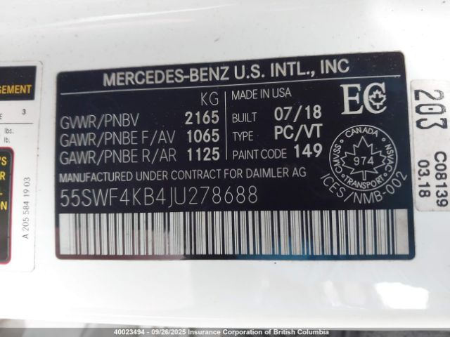 2018 MERCEDES-BENZ C 300 4MATIC | VIN: 55SWF4KB4JU278688
