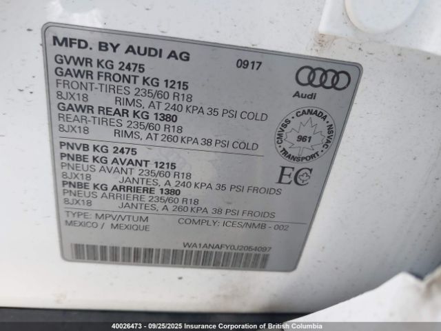 2018 AUDI Q5 PREMIUM | VIN: WA1ANAFY0J2054097