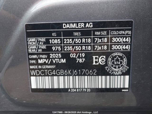 WDCTG4GB6KJ617062 2019 MERCEDES-BENZ GLA