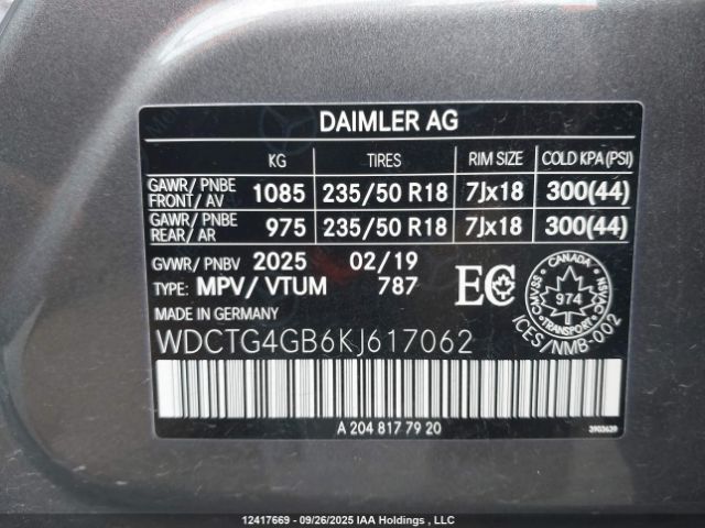 WDCTG4GB6KJ617062 2019 MERCEDES-BENZ GLA