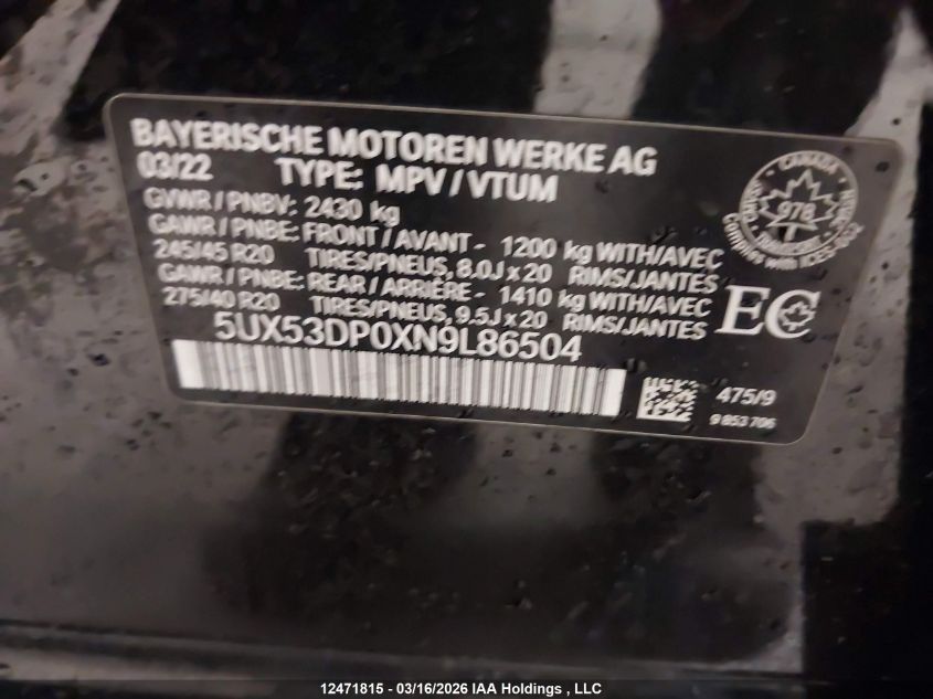 2022BMWX3|5UX53DP0XN9L86504