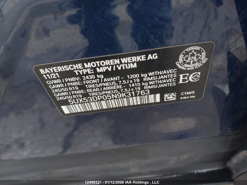 2022BMWX3|5UX53DP05N9K31763