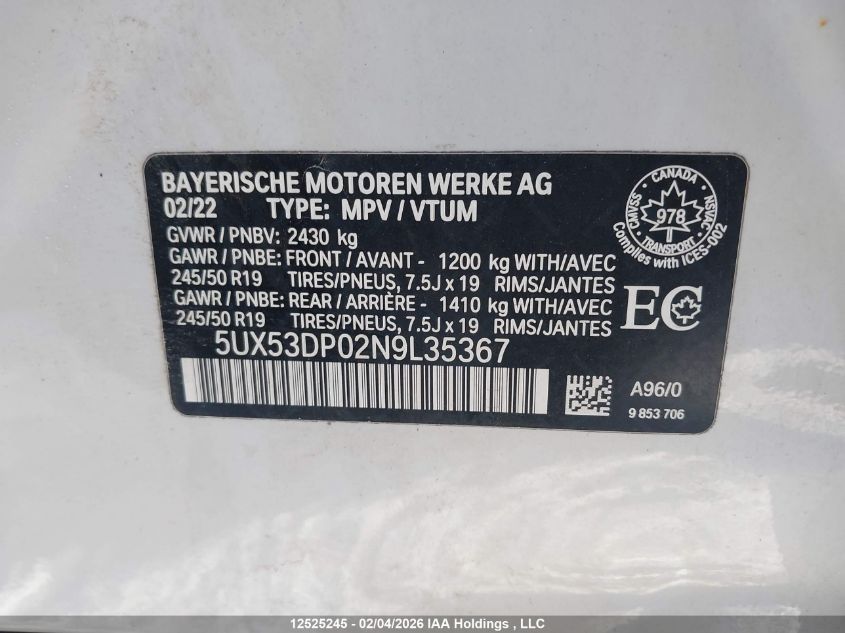 2022BMWX3|5UX53DP02N9L35367