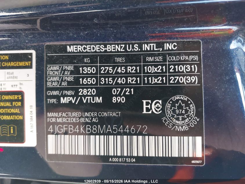 2021 MERCEDES-BENZ GLE | 4JGFB4KB8MA544672