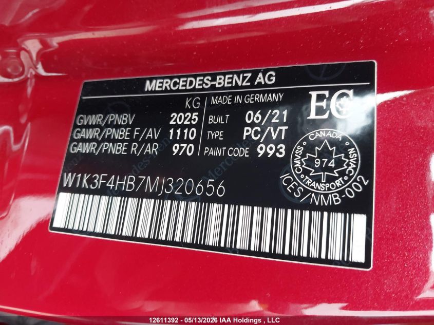 2021 MERCEDES-BENZ A | W1K3F4HB7MJ320656
