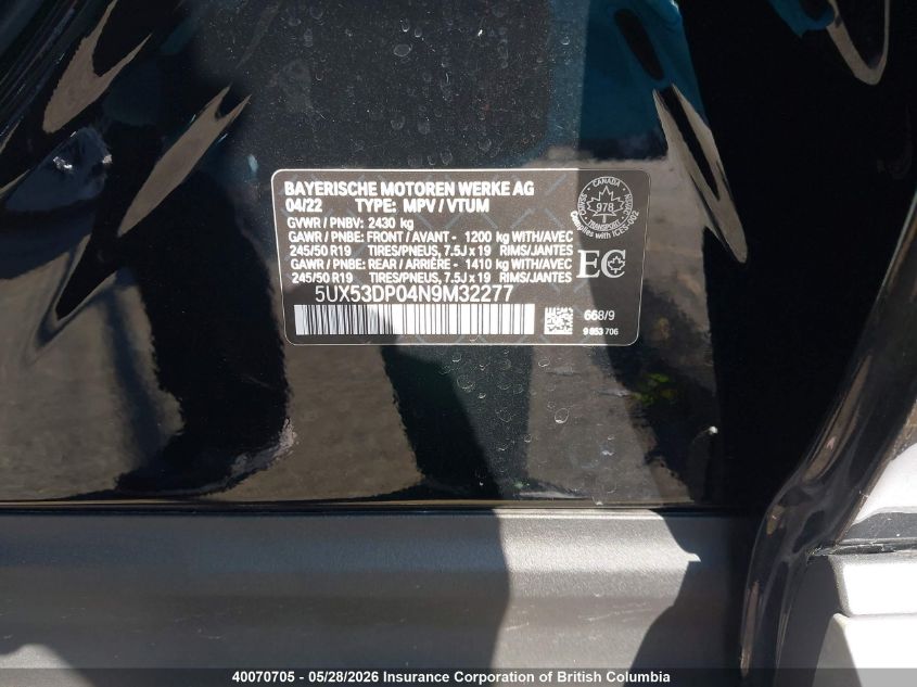 2022 BMW X3 | 5UX53DP04N9M32277